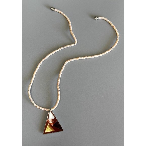 Vintage Shell Heishi Necklace Triangle Inlay Pendant 17 Inch Natural Materials - Picture 2 of 8